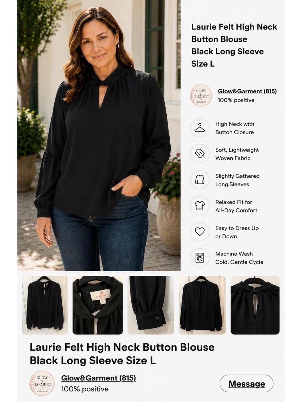 Laurie Felt High Neck Button Blouse Black Long Sleeve Size L